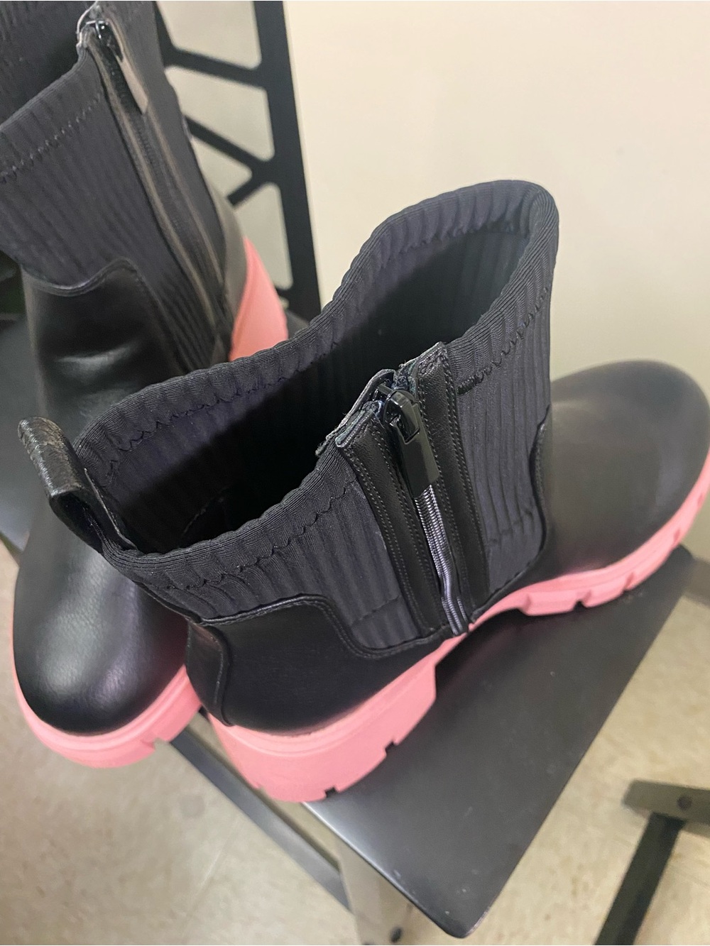 Women's Black Chelsea Boots with Pink Lug Platform - Picture 2 of 6